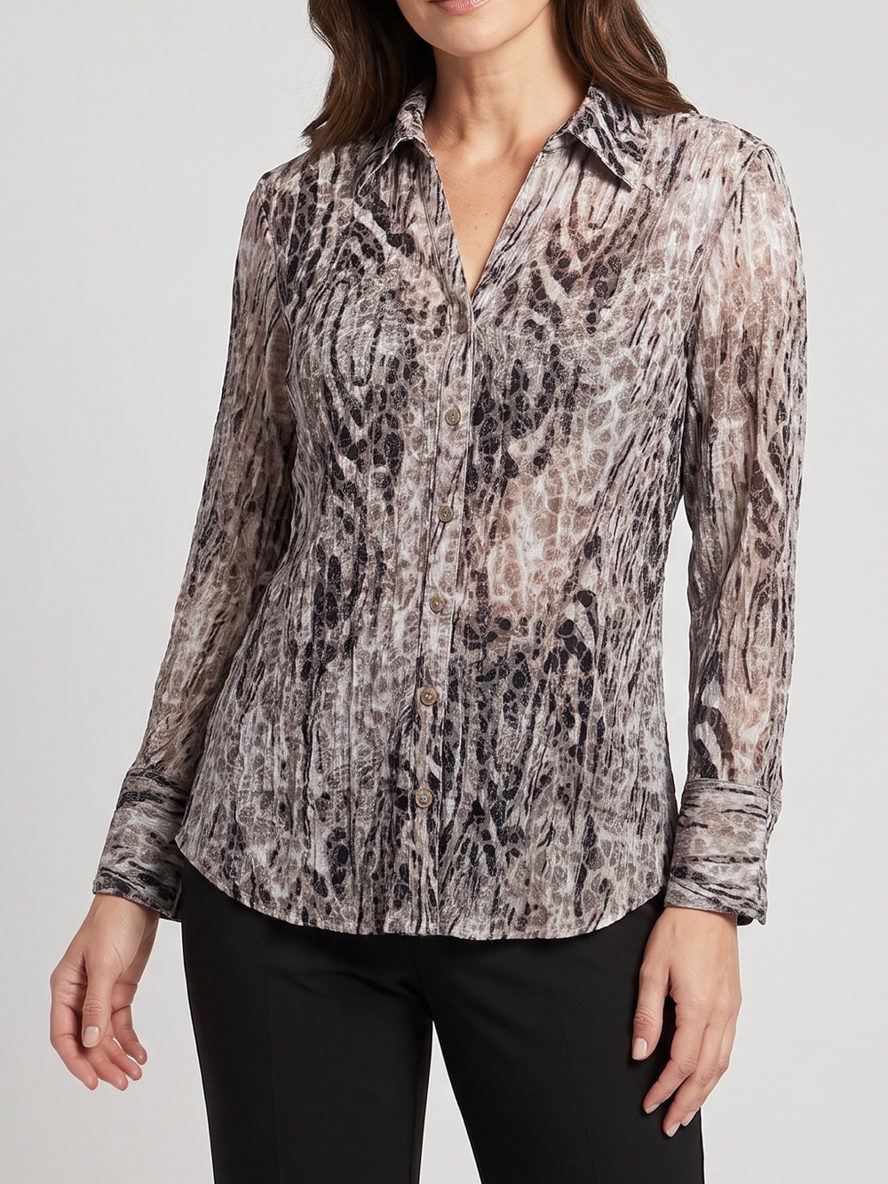 JM Collection Brown and Black Animal-Print Button-Down Blouse